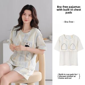 Miiow | Pure Cotton Summer Lightweight Short Sleeve Sleepwear Set Casual Womens Home Clothes Short Pants Round Neck Comfortable Breathable