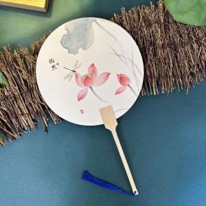[L] Lotus Shaped Traditional Chinese Hand Fan With Bamboo Handle Watercolor Print And Soft Tassel For Hanfu Outings Tea Ceremony