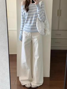 American Style High Waist Wide Leg Denim Jeans Womens Small Size Loose Drapey Straight Casual Versatile Slimming Floor-Length Pants