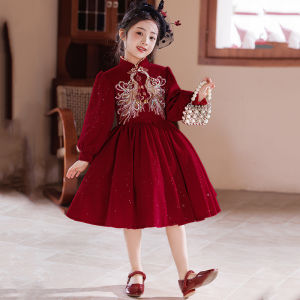 Red New Year Chinese Style Childrens Dress Girls Birthday Princess Skirt Winter Kids Traditional Clothing Polyester Fiber