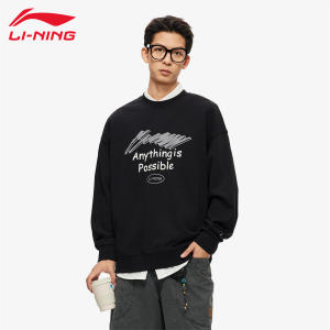 Li-Ning Mens Fleece-Lined Hoodless Long-Sleeve Sweatshirt Casual round Neck Pullover Sportswear Warm Loose Fit Autumn Winter