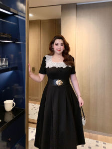 GLEC plus Size Summer New Elegant Hepburn Style Lace Splicing Square Collar Dress High Waist Belt Cotton Blend Short Sleeve Long Dress