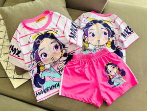 10-45kg Đồ bộ bé gái quần đùi áo tay ngắn thun lạnh in họa tiết hoạt hình thể thao siêu cưng