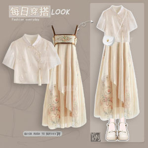 Summer New Style Chinese Traditional Shirt Short Sleeve Midi Dress Two Piece Set Slimming A-Line Skirt Polyester Fiber Long Dress