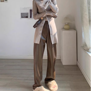 กางเกงขายาวทรงหลวมเอวสูง ผ้า PU ขนาดใหญ่ ทรงเข้ารูป กางเกงขายาวสำหรับผู้หญิงไซส์ใหญ่ เทรนด์แฟชั่นฤดูใบไม้ร่วง