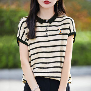 Loose Fit Striped Short Sleeve T-Shirt Womens Summer Embroidered Korean Style Casual Wear Straight Cut Lightweight Top