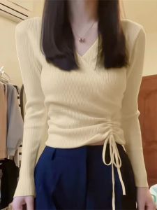 Womens V-Neck Long Sleeve Knitted Shirt Short Style Inner Wear Base Color Design Spring Autumn Season Chinese Version Sweater