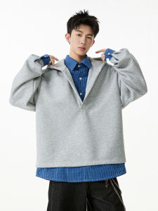 WUKONGYOUHUO | Áo Hoodie In Hình Cờ Caro Giả Hai Mảnh