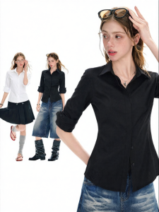EVPGB | Áo Blouse Tay Ngắn Phong Cách Đen Ôm Sơ Mi