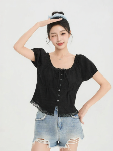 SANFU | Summer New Elegant Bow Tie Lace Collar Puff Sleeve Blouse