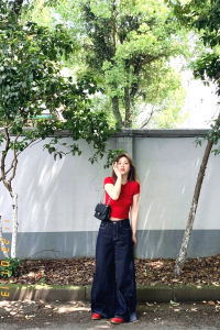 กางเกงยีนส์ขากว้างเอวสูงไซส์ใหญ่สำหรับผู้หญิง กางเกงขายาวทรงตรงหลวมๆ สำหรับฤดูร้อนปี 2025 แฟชั่นสตรีทสไตล์เกาหลี