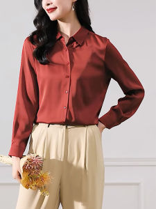 Red Long Sleeve Shirt Womens Spring Fashion Simple Professional Career Matching Polka Dot Chiffon Top for the Year of the Rabbit