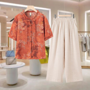 Young Fashionable Short Sleeve Mommy Summer Outfit Set Polyester Fiber Loose Fit Button Detail round Neck Two Piece Set Floral Pattern
