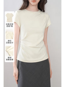 เสื้อยืดแขนสั้นทรงตรงสำหรับผู้หญิง สีเหลือง ทรงเข้ารูป ทรงเข้ารูป ฤดูร้อน 2025 แฟชั่นใหม่ เสื้อผ้าทำงานสีพื้น สไตล์ฝรั่งเศส