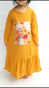 BAJU GAMIS ANAK PEREMPUAN PAKAIAN MUSLIM  UMUR 1-10 TAHUN KAKI KERUT PRINTING KOKI CILIK