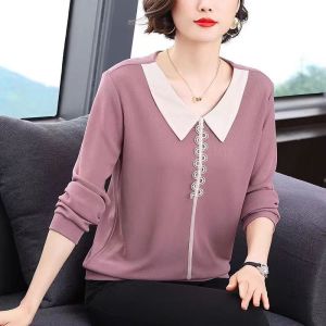 100KG Fat Girl Can Wear Elegant Taro flour Lapel Long Sleeve Women Spring and Autumn Peter Pan Collar T-shirt Temperament Middle age Mother Blouse Lady Loose Stand Collar Plus Size Shirts