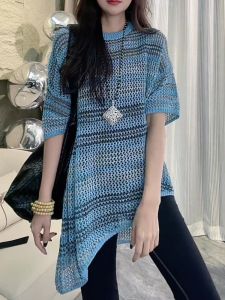 Korean Style round Neck Short Sleeve Blue Striped Top Womens Fashion Summer New Arrival Commute Style Straight Body Fit T-shirt