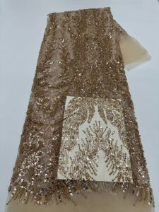 Luxury French 2026 Hand-Embroidered Beaded Lace Fabric 5 Yards African Nigerian Sequins Lace Fabric Bridal Party Dresses