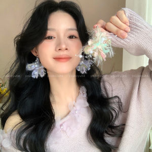 Fuzzy Mist Flower Pearl Earrings Womens Unique Exaggerated Silver Needle Ear Jewelry Korean Style Fresh out Fashion Accessories