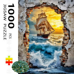 A 1000pcs Jigsaw Puzzle Designed for Adults Featuring a Sailing Ship on Stormy Seas Complemented by a Crumbling Brick Wall. I
