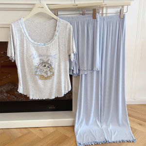 ชุดนอนผู้หญิงแขนสั้นผ้าโมดอลสีน้ำเงิน ชุดนอนฤดูใบไม้ผลิและฤดูใบไม้ร่วง ชุดนอนผ้าฝ้ายลายแมวสุดน่ารักพร้อมแผ่นเสริมหน้าอก