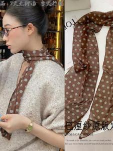 French Vintage Womens Summer Thin Long Scarf Necktie Polka Dot Silk Scarf Brown Color Neck Warmer Fashionable Accessory