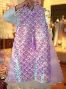 Princess Style Childrens Dress Purple Cheongsam Mermaid Tassel Skirt Summer New Arrival Girls Clothing Cotton Blend Fabric