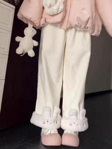 plus Size Thickened Fleece Lined Straight Leg Pants Winter Warm Casual Wide Leg Pants Korean Style High Waist Long Trousers