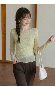Lace Insert Design Wooden Ear Detail Summer T-Shirt Long Sleeve