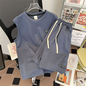 Ice Silk Quick Dry Sleeveless T-Shirt Men Summer New Loose Shoulder Vest Two Piece Set Casual Sportswear Polyester Fabric