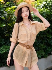 GUZILIAN | Classy Vintage Style Simple Versatile Mid-length Womens Shirt POLO Collar Slim Fit