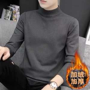 เสื้อสเวตเตอร์คอปกสูงครึ่งตัวสีดำสำหรับผู้ชาย ทรงสลิมฟิต อบอุ่น ด้านใน เสื้อถัก ดีไซน์เก๋ไก๋ สวมใส่สบาย ฤดูหนาว