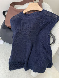 CHOEFULYN | Navy Ice Silk Thin Round Neck Knit Vest Womens Summer Loose Layering Top