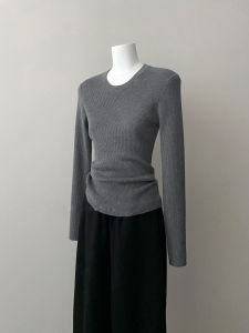 Elegant Deep Grey round Neck Base Shirt Womens Inner Wear Outerwear Knitted Slimming Top Korean Style Commute Fashion