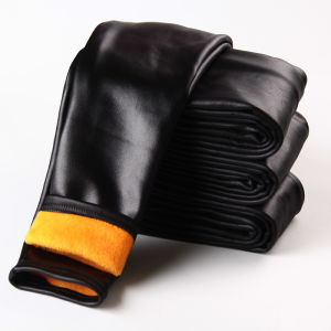 plus Size Faux Leather Pants Womens Thickened High Waist Fleece Lined Autumn Winter Bottoming Trousers Socks QBK811