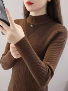 WANGGONGZHU | เสื้อสเวตเตอร์ถักคอปกสูงแบบสวมหัวทรงสลิมฟิตสำหรับผู้หญิง ฤดูใบไม้ร่วง/ฤดูหนาว เสื้อชั้นในผ้าตาข่ายลูกไม้สไตล์ใหม่