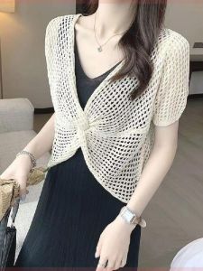 เสื้อเชิ้ตผ้าไหมน้ำแข็งแบบมีฮู้ดสำหรับฤดูร้อน เสื้อคลุมบางๆ ทรงหลวมๆ แขนกุด คอวี เสื้อคลุมยาวคลุมไหล่ ชุดเดรส