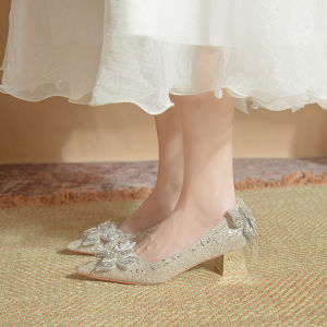Crystalline Bridal Shoes with Bowknot And Chunky Heel for Women Elegant Fashionable Wedding Footwear Ultrafine Fiber Lined