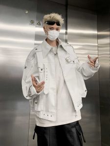 Phong Cách Mỹ Trắng Áo Khoác Da Xe Máy Ngắn Nam Áo Khoác Mùa Xuân Mùa Thu Thời Trang Thiết Kế Cảm Giác Cao Cấp Rộng Rãi Fit Khóa Kéo Trang Trí