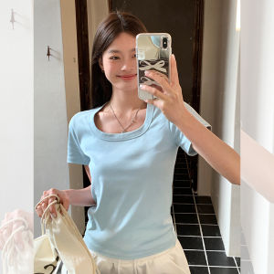 Song Zhengen White U-neck Short Sleeve T-shirt Womens Summer New Style Slim Fit Short Length Small Top Korean Version