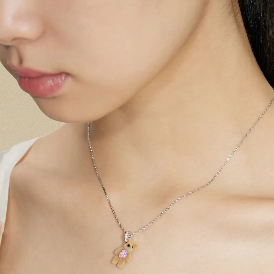 YVMIN Original Design Mini Flocked Bear Silver Necklace Womens