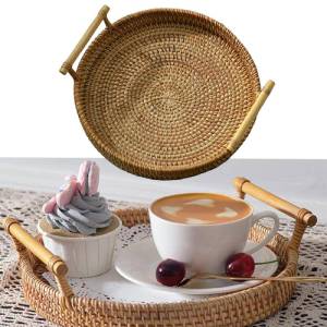 Loviver Round Rattan Woven Serving Tray with Handles for Breakfast Drinks Snack for Coffee Table Home Decorative