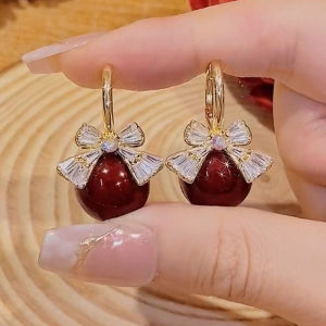 Elegant Red Pearl Full Diamond Butterfly Knot Earrings Fashionable Simple Luxury Autumn Winter Ear Jewelry Womens Accessory