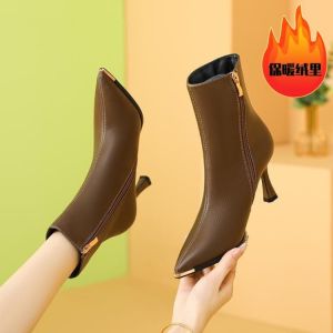 Fashionable Black Leather Pointed Toe High Heel Short Boots Womens Side Zipper Slim Fit Booties Versatile mid Heel Winter Boots