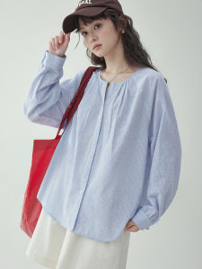 เสื้อเชิ้ตคอโปโลแขนยาวผู้หญิงฤดูใบไม้ผลิและฤดูใบไม้ร่วง AMUU แขนยาวลายทางสีน้ำเงิน ทรงหลวม สไตล์เกาหลี ผ้าฝ้ายผสม