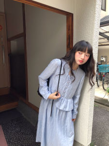 Blue Belted Long Dress Womens Loose Slimming Texture A-Line Design Autumn New Style Hey Shan Nai High Waist Polyester Fiber