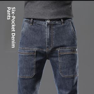 Stretchy Mens Denim Jeans Summer New Style High Fashion Straight Leg Pants Multiple Pockets Long Trousers Versatile Casual Wear
