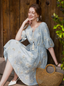 XIANGYING | Waist-Slimming Puff Sleeve Summer Vacation Style Dress