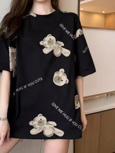Trendy Bear Print Short Sleeve T-Shirt Women Summer Loose Cartoon Large Version Lazy Mid-Length Top Korean Style Commute