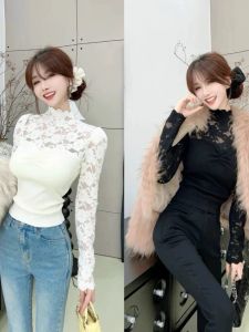 เสื้อเชิ้ตคอตั้งผ้าลูกไม้สไตล์ราชวงศ์พร้อมแผ่นเสริมหน้าอก เสื้อถักแบบผสมผสาน ชุดทำงานสไตล์เกาหลี แขนยาว สีพื้น